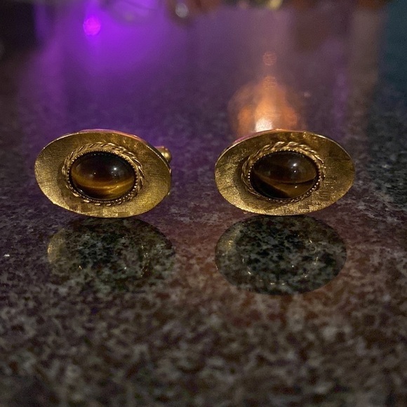 Gold And Tiger Eye Cufflinks And Tie Tack - Picture 5 of 10